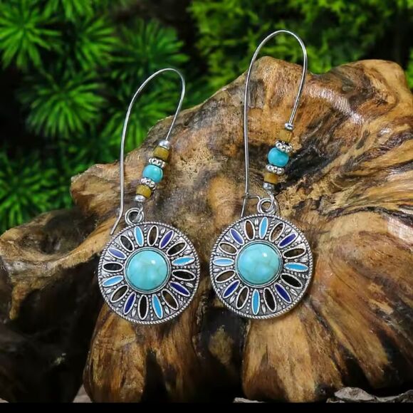 Earrings Turquoise Dangle Round Vintage Women's Western Beaded Beads New f8 - Picture 1 of 1